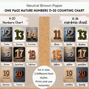 Uma página Natureza Números 11-20 Gráfico de contagem, Gráfico de números da natureza, Números da natureza para impressão, Peças soltas, Números Montessori de Reggio
