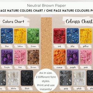 Tabla de colores de la naturaleza de una página, póster de colores de clase, póster de exhibición de colores de la naturaleza, colores de aprendizaje, decoración neutra, decoración del aula preescolar.