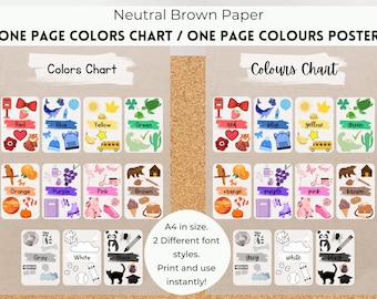 One Page Colors Chart, Class Colours Poster, Colors Display Poster, Learn Colors, Brown Paper Neutral Decor, EYFS Preschool Classroom Decor.