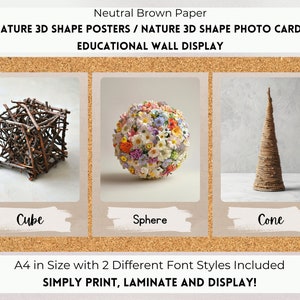 Natuurvormposters, fotokaarten natuurvorm, 3D-vorm wiskundeposters, bruin papier neutraal decor, losse onderdelen, natuurklaslokaal