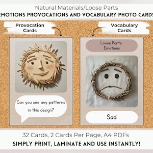 Loose Parts Emotions Provocations & Vocabulary Photo Cards, Reggio Inspired, Montessori Inspired, Natural Materials, Nature Classroom.