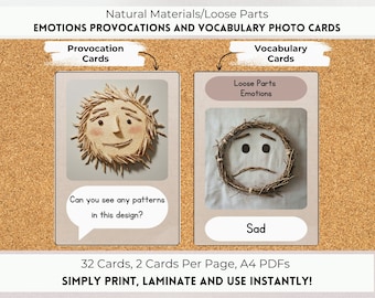 Loose Parts Emotions Provocations & Vocabulary Photo Cards, Reggio Inspired, Montessori Inspired, Natural Materials, Nature Classroom.
