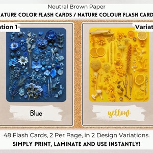 May include: Two flash cards with nature-themed images. One card features blue flowers and objects, labelled "Blue." The other card displays yellow items, labelled "yellow." The text at the top reads "NATURE COLOUR FLASH CARDS." The bottom text says "SIMPLY PRINT, LAMINATE AND USE INSTANTLY!"
