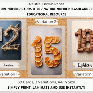 Cartões de números da natureza 11-20, flashcards de números da natureza, gráfico de números da natureza, números da natureza para impressão, peças soltas, números de Reggio Montessori.