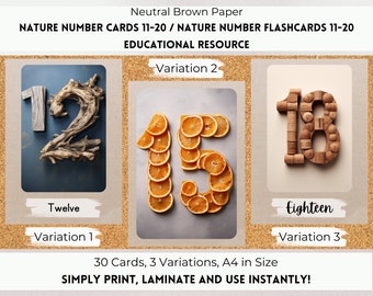 Cartões de números da natureza 11-20, flashcards de números da natureza, tabela de números da natureza, números da natureza para imprimir, peças soltas, números de Reggio Montessori.