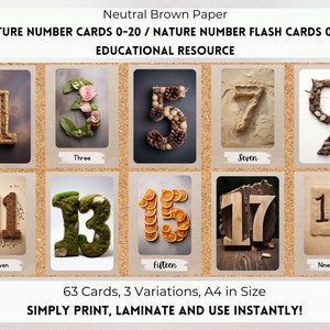 Cartões numéricos da natureza 0-20, cartões flash com números da natureza, gráfico de números da natureza, números da natureza imprimíveis, peças soltas, números de Reggio Montessori.