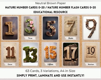 Cartões numéricos da natureza 0-20, cartões flash com números da natureza, gráfico de números da natureza, números da natureza imprimíveis, peças soltas, números de Reggio Montessori.