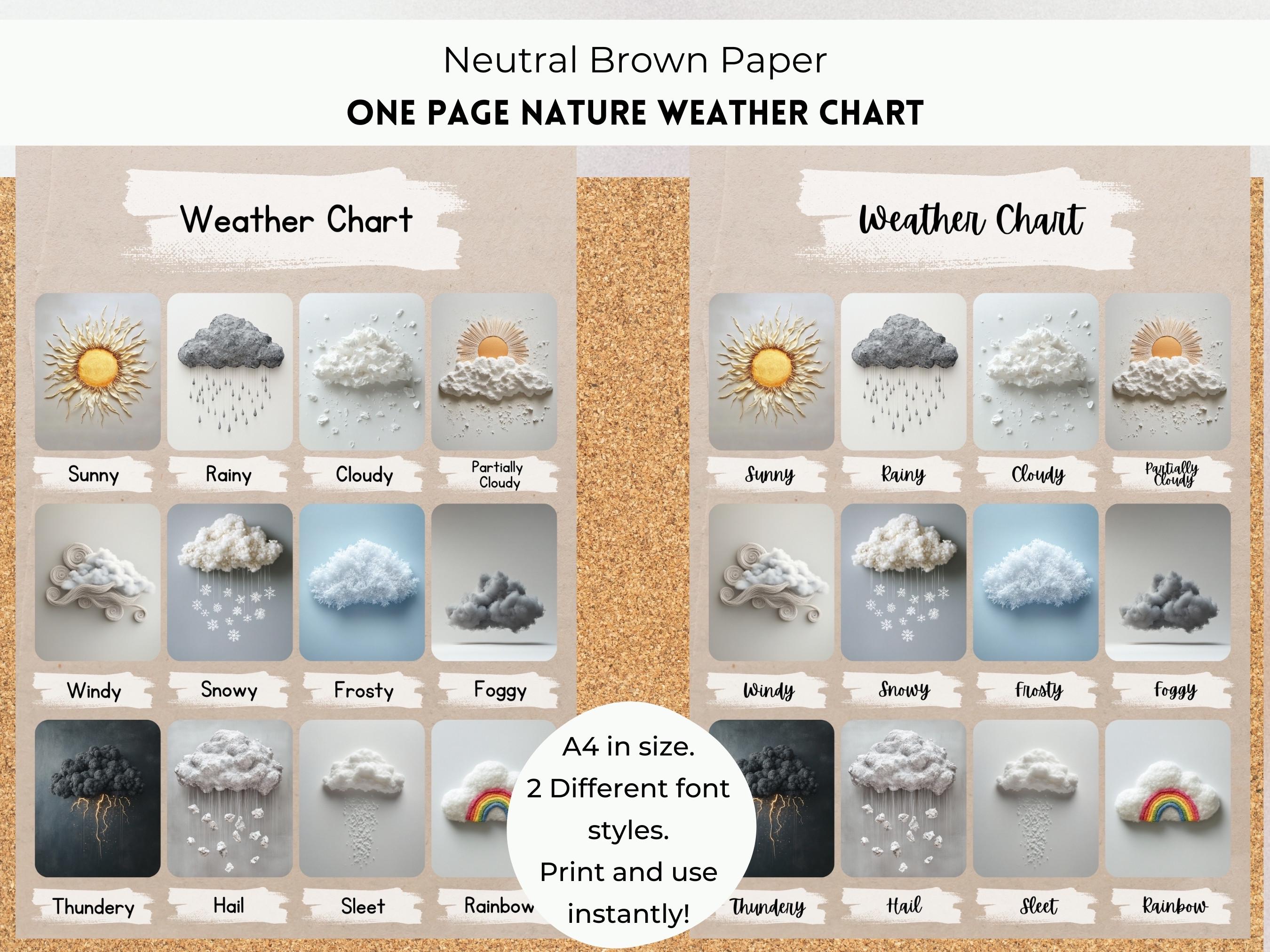 One Page Weather Chart, Class Weather Poster, Weather Flash Cards Poster, Weather Display Poster, Reggio Montessori Learning, Loose Parts.