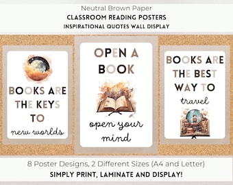 May include: Set of three printable classroom reading posters with watercolor illustrations and inspirational quotes about books. The posters feature the text "Books are the keys to new worlds", "Open a book, open your mind", and "Books are the best way to travel".