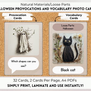 Loose Parts Halloween Provocations and Vocabulary Photo Cards, Reggio Inspired, Montessori Inspired, Natural Materials, Nature Classroom.