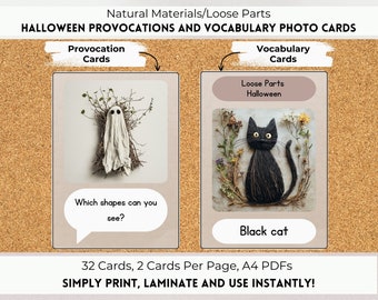 Lösa delar Halloweenprovokationer och fotokort med ordförråd, Reggio-inspirerade, Montessori-inspirerade, naturmaterial, naturklassrum.