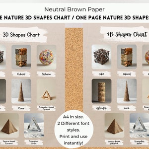 Natuurvormenkaart met één pagina, 3D-vormenposter, fotokaarten natuurvormen, vormen leren, neutraal decor, EYFS Preschool Classroom-decor.