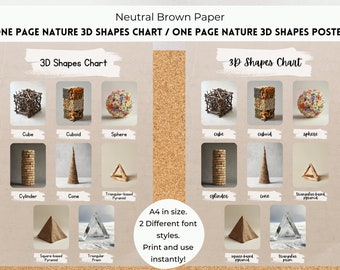 One Page Nature Shapes Chart, 3D Shapes Poster, Nature Shapes Photo Cards, Learn Shapes, Neutral Decor, EYFS Preschool Classroom Decor.