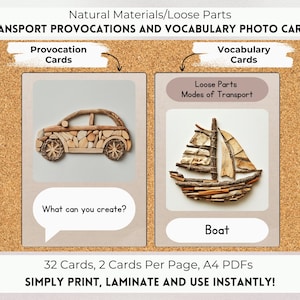 Loose Parts Transport Provocations and Vocabulary Photo Cards, Reggio Inspired, Montessori Inspired, Natural Materials, Nature Classroom.