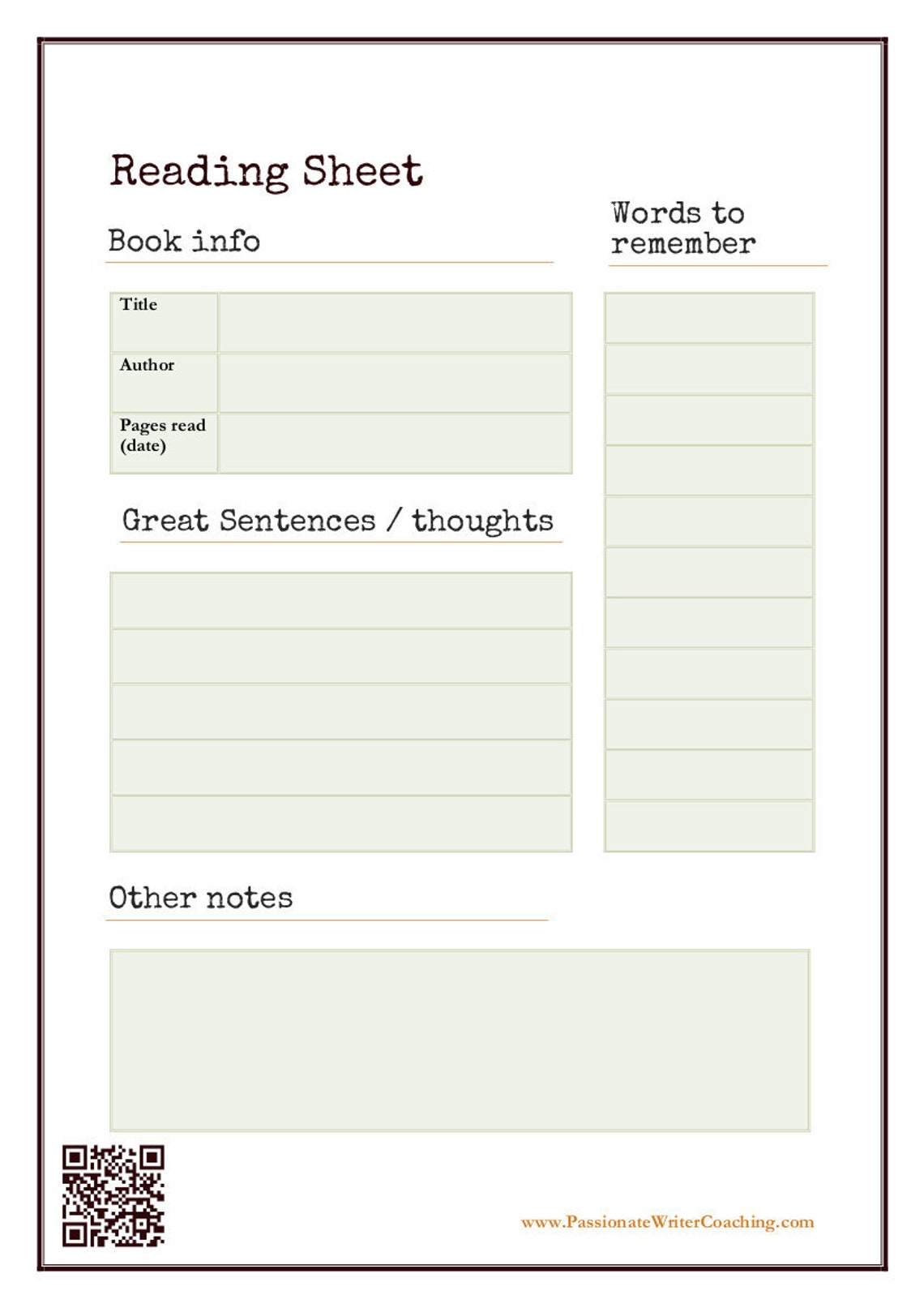 Reading Worksheet for Writers Printable Reading Tracker for - Etsy