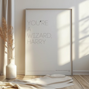 Può includere: Una stampa incorniciata con la scritta "YOU'RE A WIZARD, HARRY" in nero. La stampa è in una cornice argentata ed è esposta contro un muro bianco. La parte inferiore della stampa recita "Harry Potter and the Sorcerer's Stone 2000".