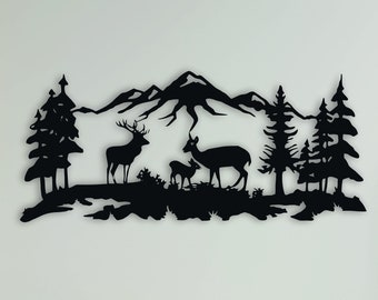 Metal Deer Familyart, Metal Wall Decor, Wildlife Lover Gift, Tree Mountain Decoration, Wall Hangings, Metal Sign, Nature Wall Art