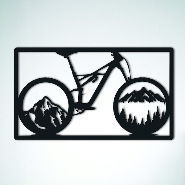 Bike and Mountain Wall Art, Metal Bike Decor, Framed Bike, Cyclist Gift, Bicycle Art, Metal Wall Art, Living Room Decor, Forest Decor