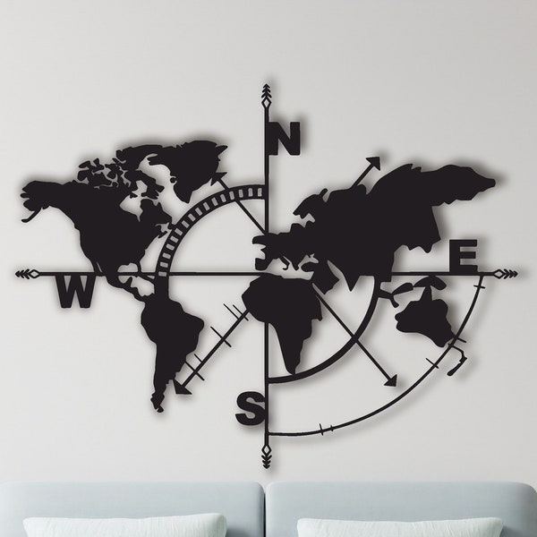 Metal Wall Decor, World Map Compass Continent, Metal World Map Wall Art, Home Office Decor, Wall Hanging, Interior Decoration, Multi Color