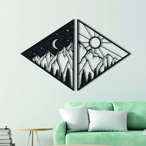 Triangle Design, Day And Night View, Mountain And Forest Design, Sun And Moon Decor, Inspiring Unique Decor, 2 Piece Wall Art, Metal Artwork