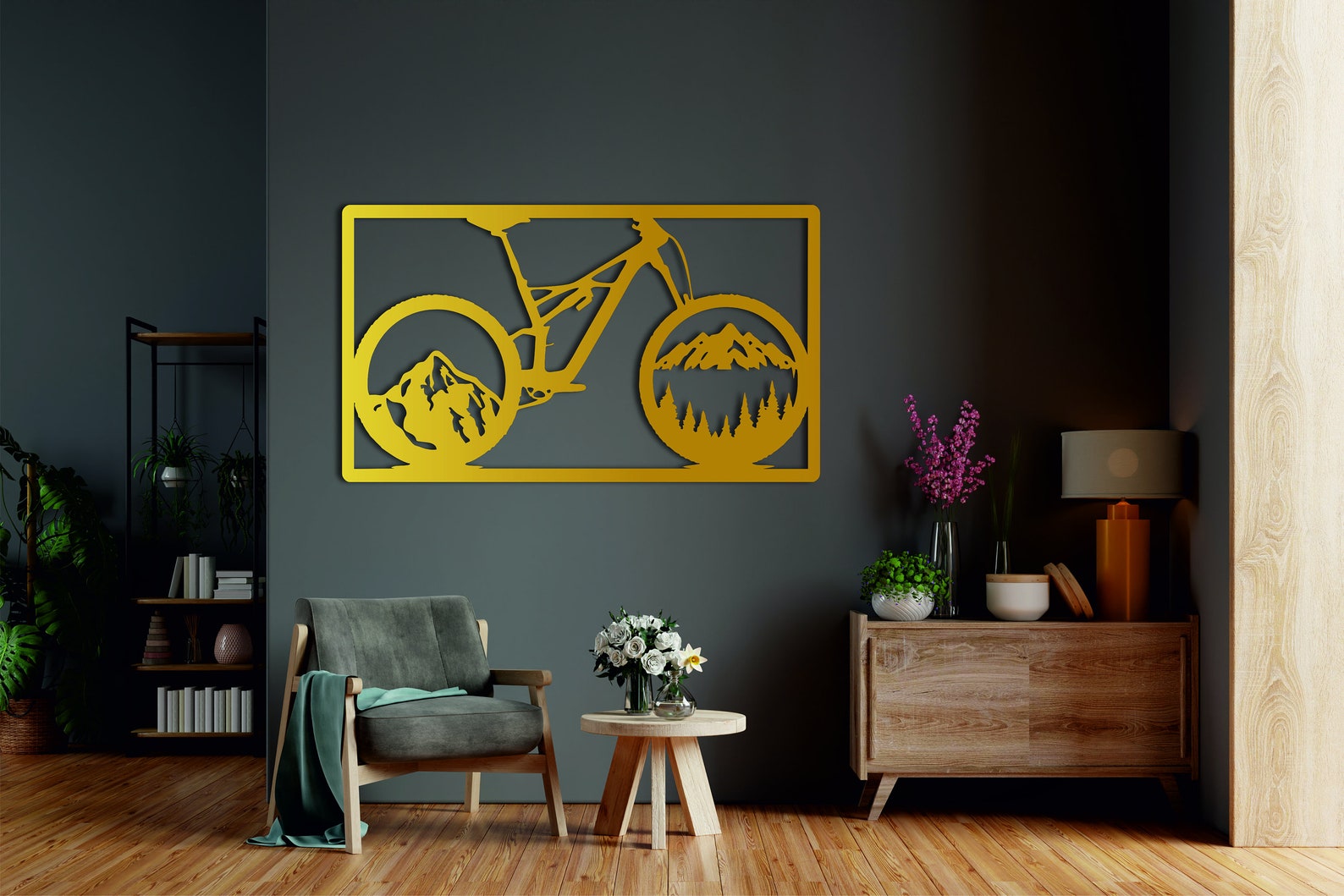 Bike and Mountain Wall Art, Metal Bike Decor, Framed Bike, Cyclist Gift, Bicycle Art, Metal Wall