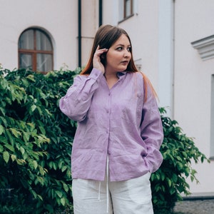Linen button up shirt for women, lilac edwardian blouse, cottagecore blouse plus size.
