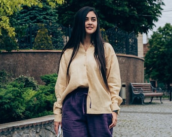 Camicia abbottonata da donna, camicetta di lino vittoriana taglie forti, comodi indumenti di lino.