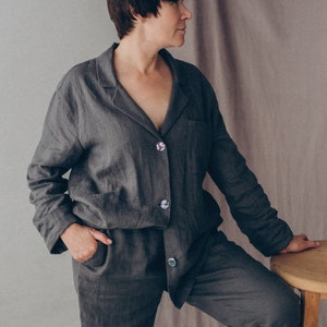 Gray pj set, linen two piece set, comfy womens streetwear pant suit. image 3