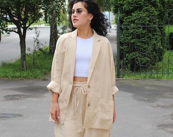 Beige womens pant suit, palazzo suit, flare wide leg linen pants, prom pantsuit.