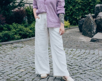 White linen pants for women, wide leg pants, palazzo pants.
