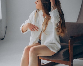 Off white  beach cover up linen shirt, button down linen blouse, cottagecore shirt.
