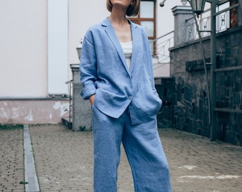 Wide leg pant suit for women,  linen suit,  blue womens pantsuit, linen palazzo pants.