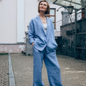 Wide leg pant suit for women, linen suit, blue womens pantsuit, linen palazzo pants. image 1