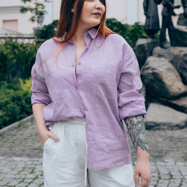 Lilac button down shirt for women, long sleeve linen blouse, comfort colors poet shirt.