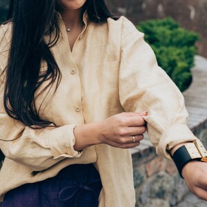 Beige long sleeve linen shirt for women, casual oversized  button up linen blouse, linen clothing plus size.