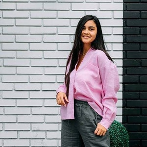 Pink button up linen shirt for women, high collar office blouse, plus size linen clothing