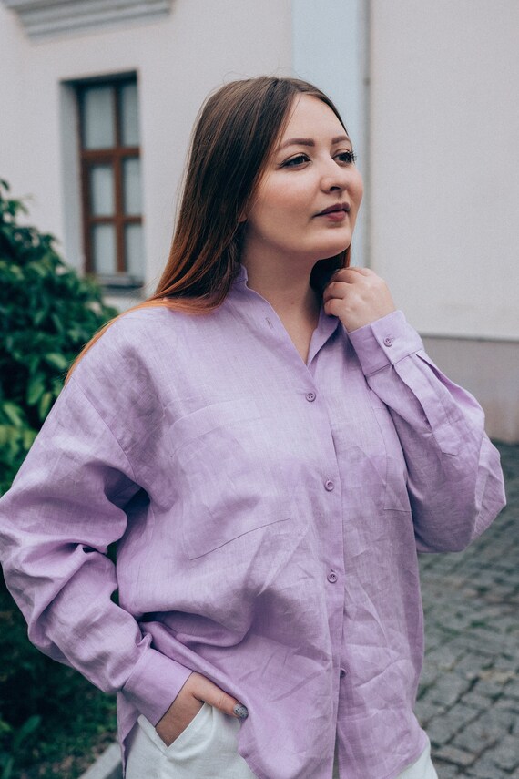 Linen Button Up Shirt for Women, Lilac Edwardian Blouse, Cottagecore Blouse Plus Size.