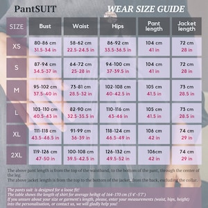 May include: A size chart for a pantsuit with measurements in inches and centimeters. The chart shows the bust, waist, hips, pant length, and jacket length for sizes XS to 2XL.
