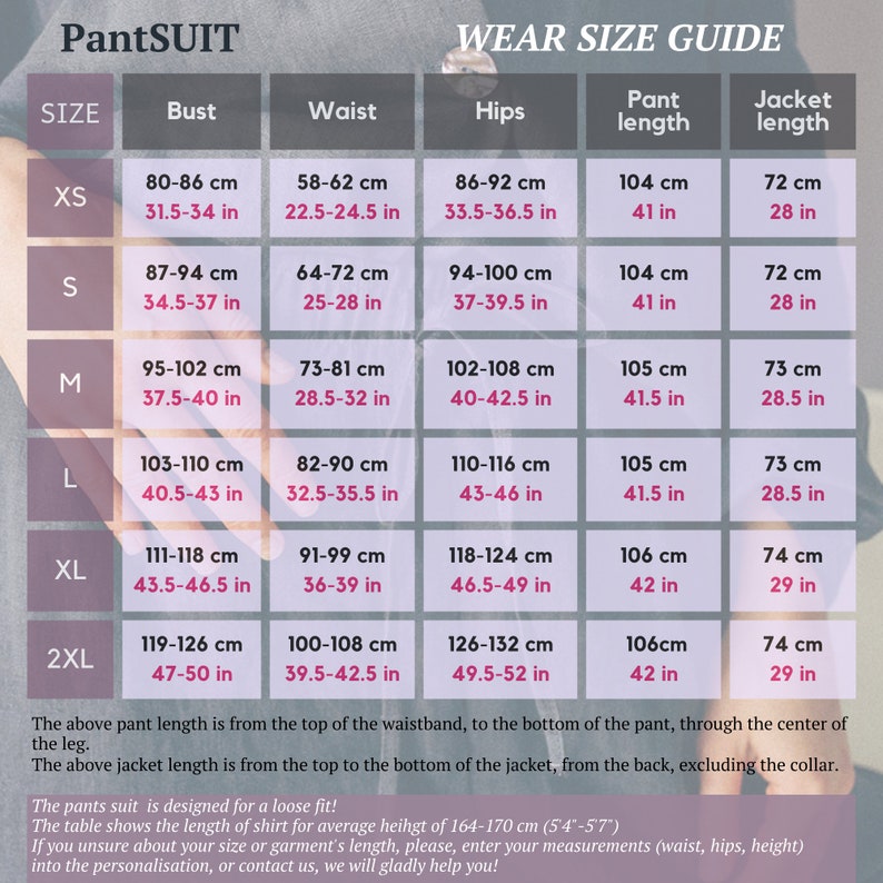 May include: A size chart for a pantsuit with measurements in inches and centimeters. The chart shows the bust, waist, hips, pant length, and jacket length for sizes XS to 2XL.