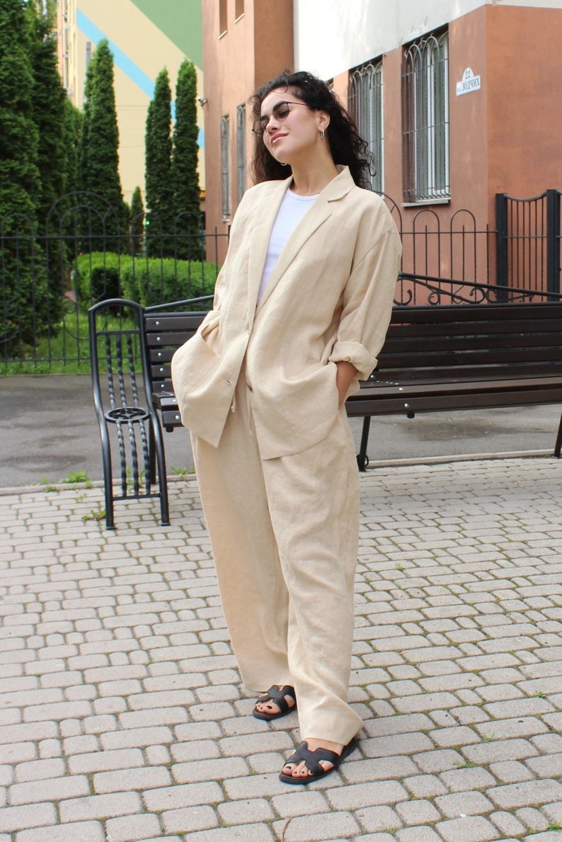 Beige womens pant suit, palazzo suit, flare wide leg linen pants, prom pantsuit. image 2