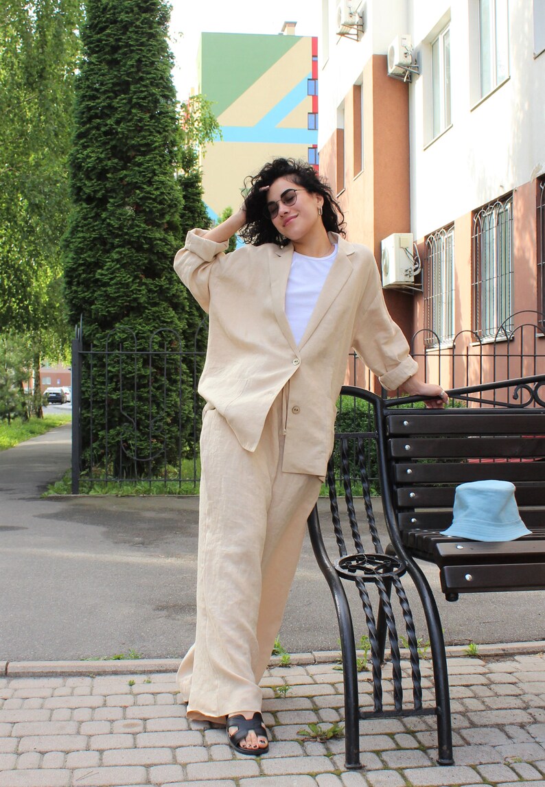 Beige womens pant suit, palazzo suit, flare wide leg linen pants, prom pantsuit. image 7