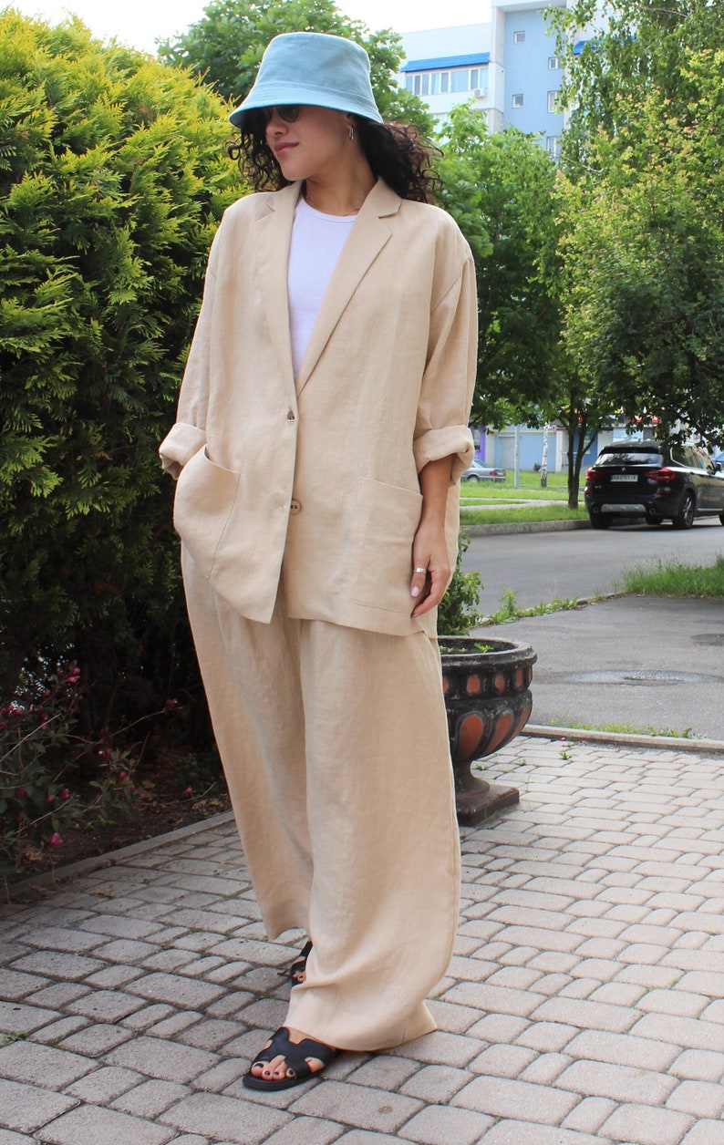 Beige womens pant suit, palazzo suit, flare wide leg linen pants, prom pantsuit. image 5