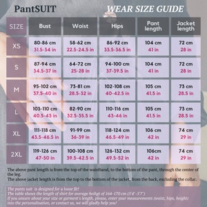 May include: A size chart for a pantsuit with measurements in inches and centimeters. The chart shows the bust, waist, hips, pant length, and jacket length for sizes XS to 2XL.