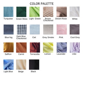 May include: Color palette chart with 16 fabric swatches. The swatches are arranged in four rows of four. The colors include turquoise, green moss, light green, brown checkered, desert rose, white, blue fog, dark blue checkered, ciel, grey smoke, pink, cool grey, saffron, carrot, terracotta, lemon, lavender, lilac, light blue, beige, and black.