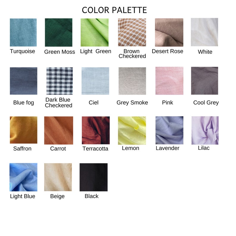 May include: Color palette chart with 16 fabric swatches. The swatches are arranged in four rows of four. The colors include turquoise, green moss, light green, brown checkered, desert rose, white, blue fog, dark blue checkered, ciel, grey smoke, pink, cool grey, saffron, carrot, terracotta, lemon, lavender, lilac, light blue, beige, and black.
