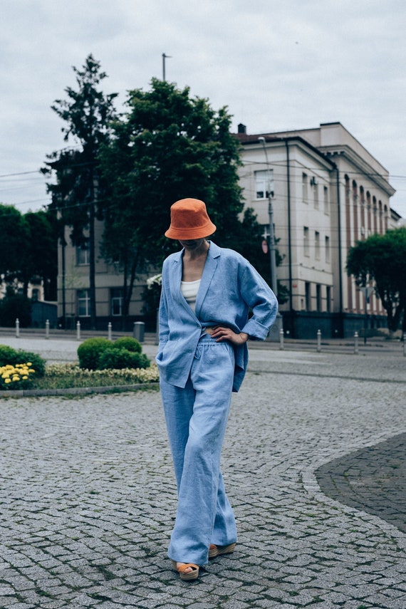 Womens Pant Suit, Wedding Guest Suit, Blue Linen Suit, Flowy Palazzo Pants,  Wide Leg Linen Pants. - Etsy