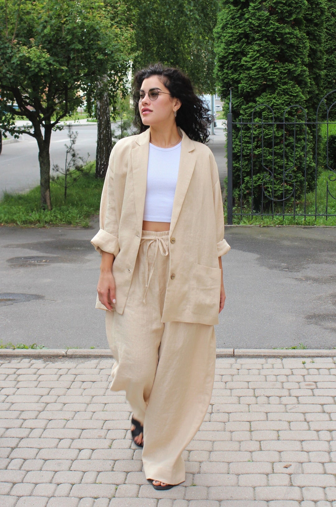 Beige Womens Pant Suit Palazzo Suit Flare Wide Leg Linen Etsy