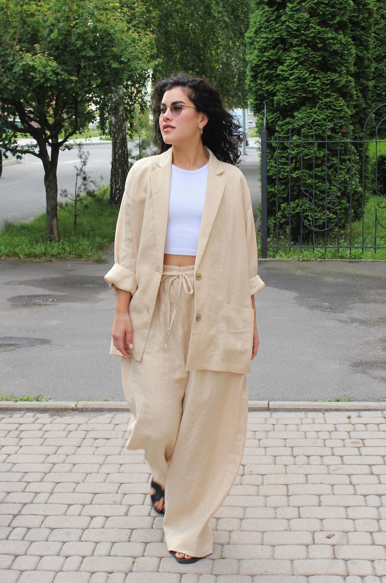 Beige Damen Hosenanzug, Palazzo Anzug, Flare weit Bein Leinenhose