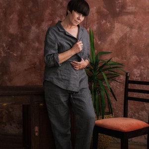 Gray pj set, linen two piece set, comfy womens streetwear pant suit. image 4