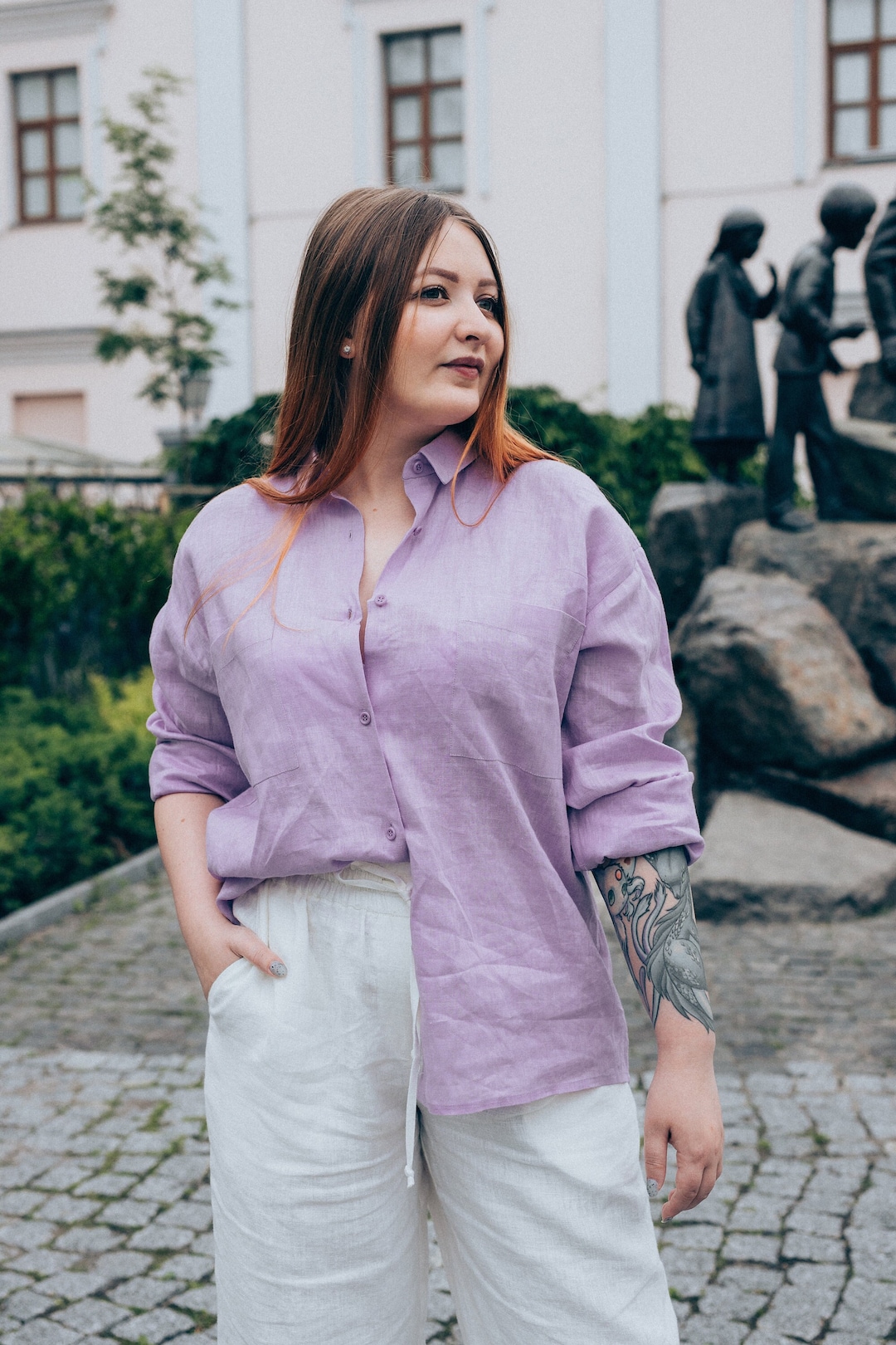 Chemise boutonnée lilas pour femme, chemisier en lin à manches